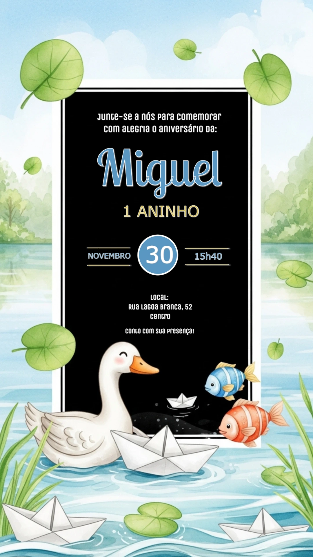 Convite Aniversário Patinho no Lago para Editar Online