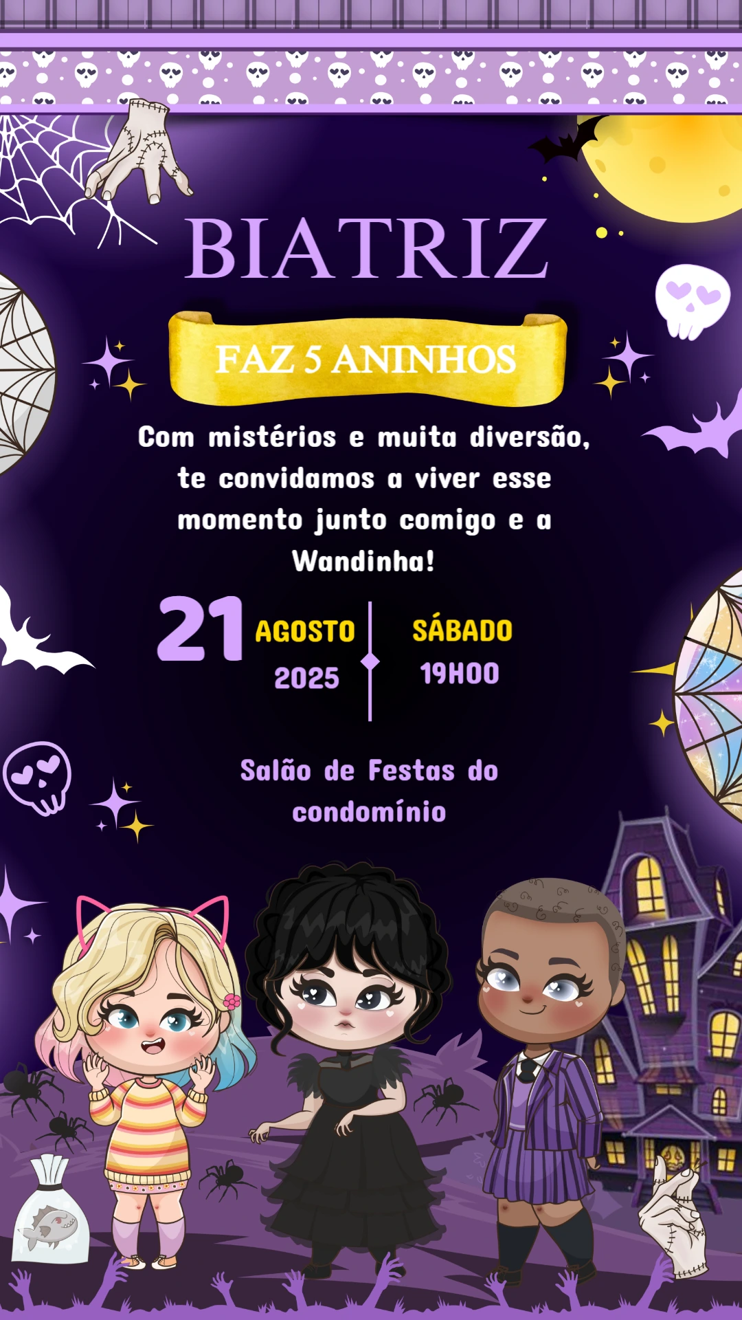 Convite Aniversário Wandinha com Personagens para Editar