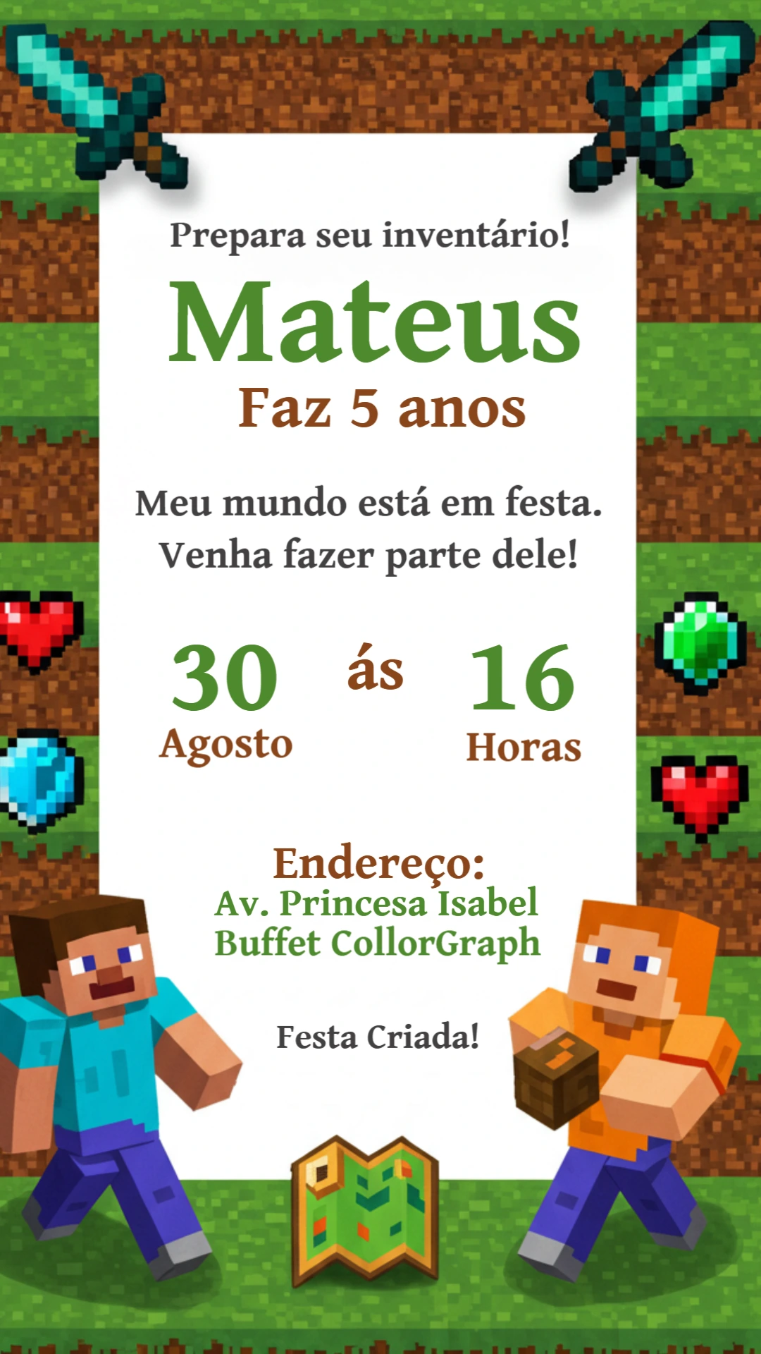 Convite de Aniversário Minecraft com Personagens para Editar