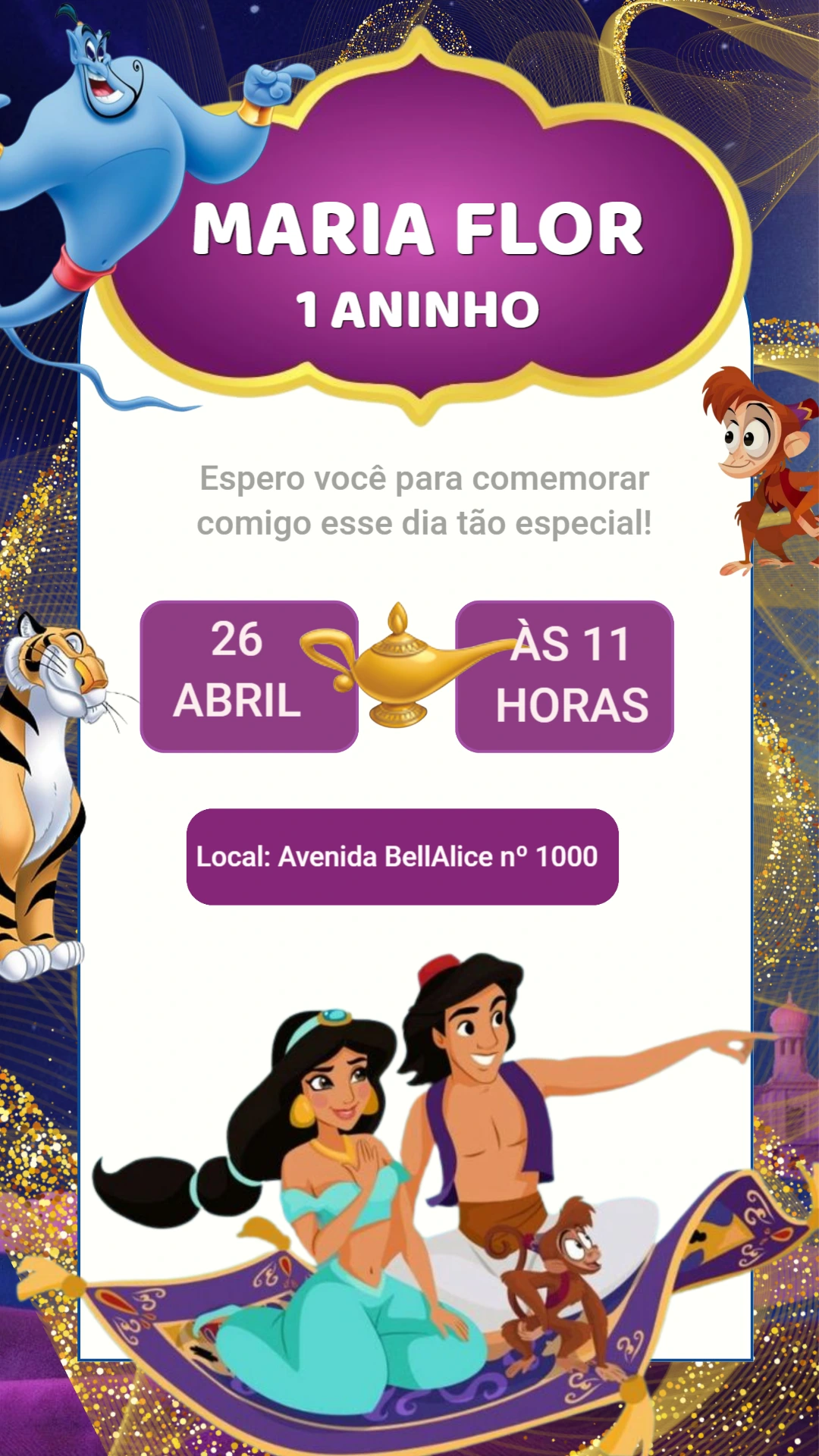 Convite de Aniversário Aladdin e Jasmine Mágico para Editar
