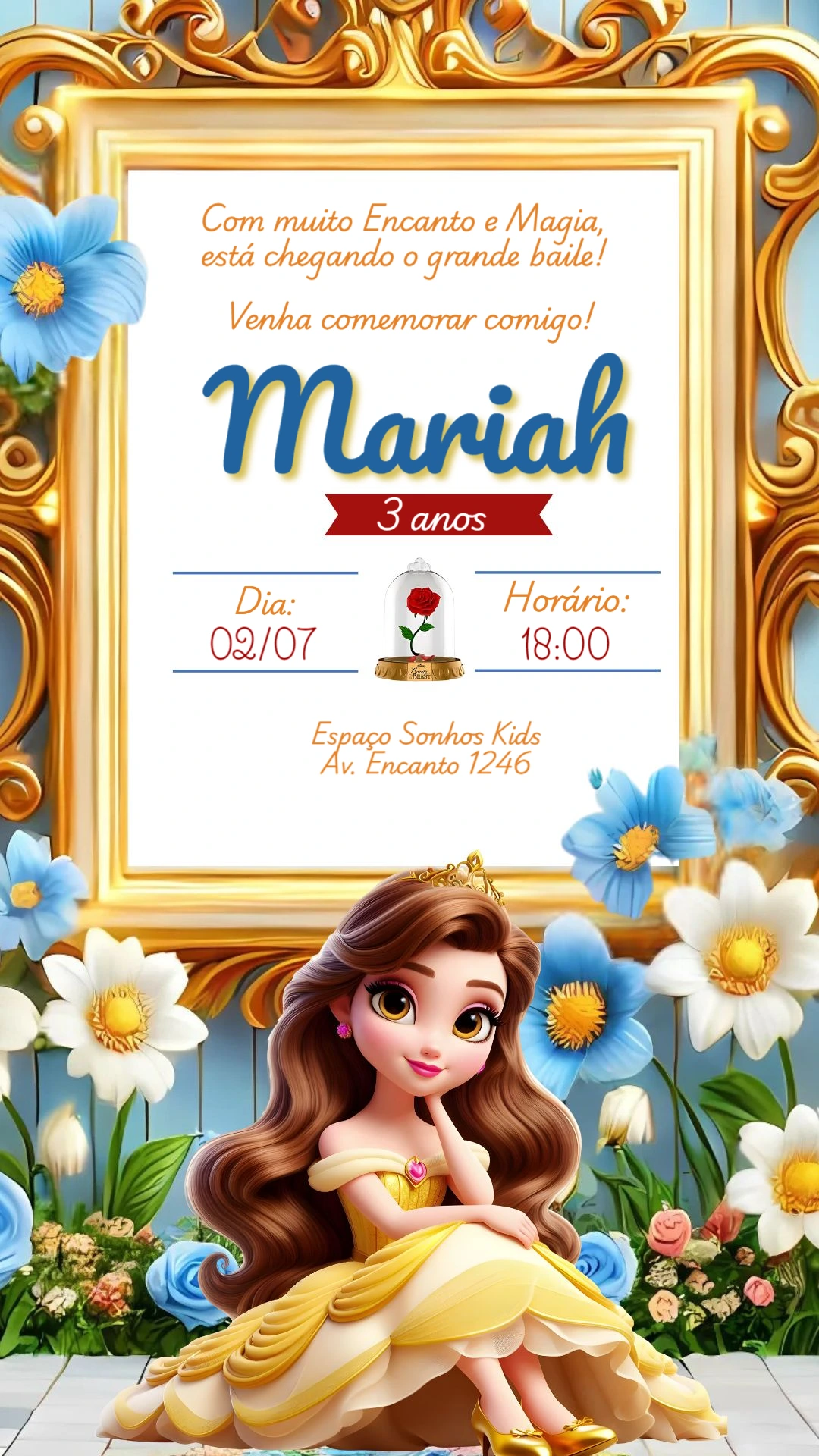 Convite Aniversário A Bela e a Fera para Editar Online