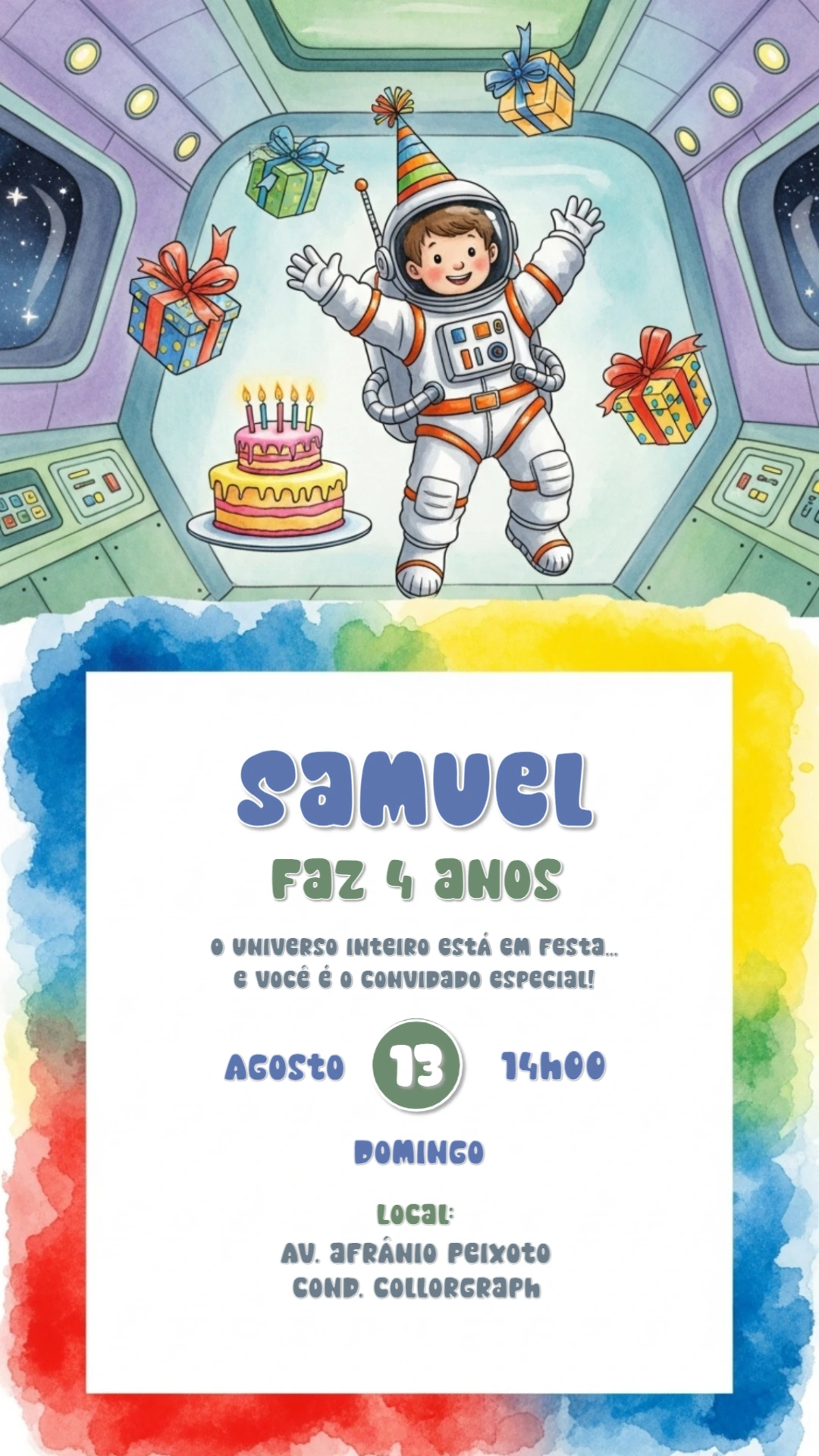 Convite de Aniversário Astronauta Infantil para Editar Online