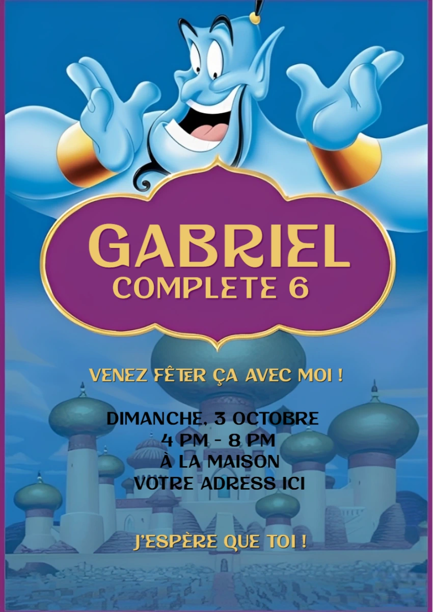 Invitation d'anniversaire Génie d'Aladdin modèle modifiable