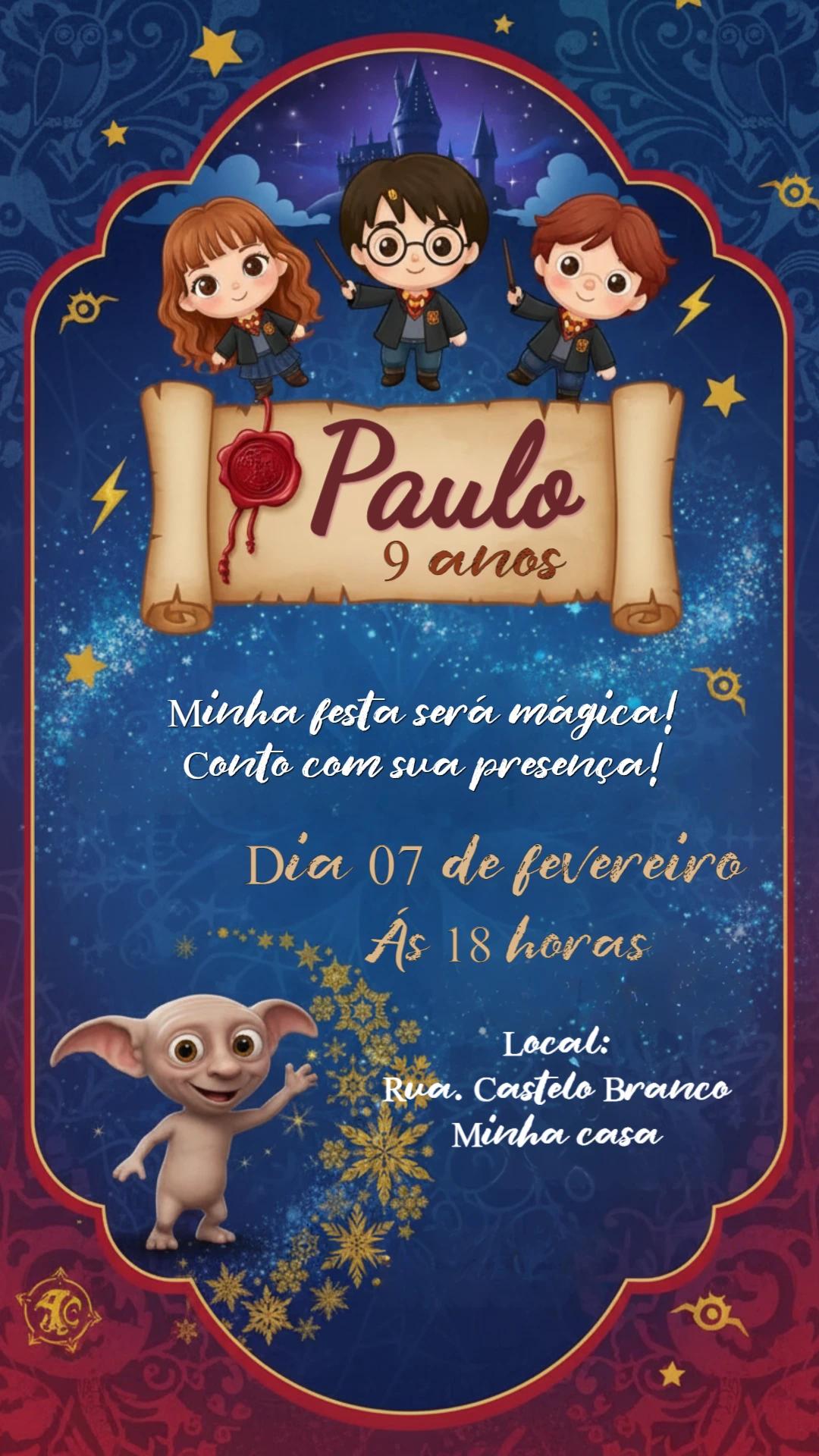 Convite de Aniversário Harry Potter Mágico para Editar