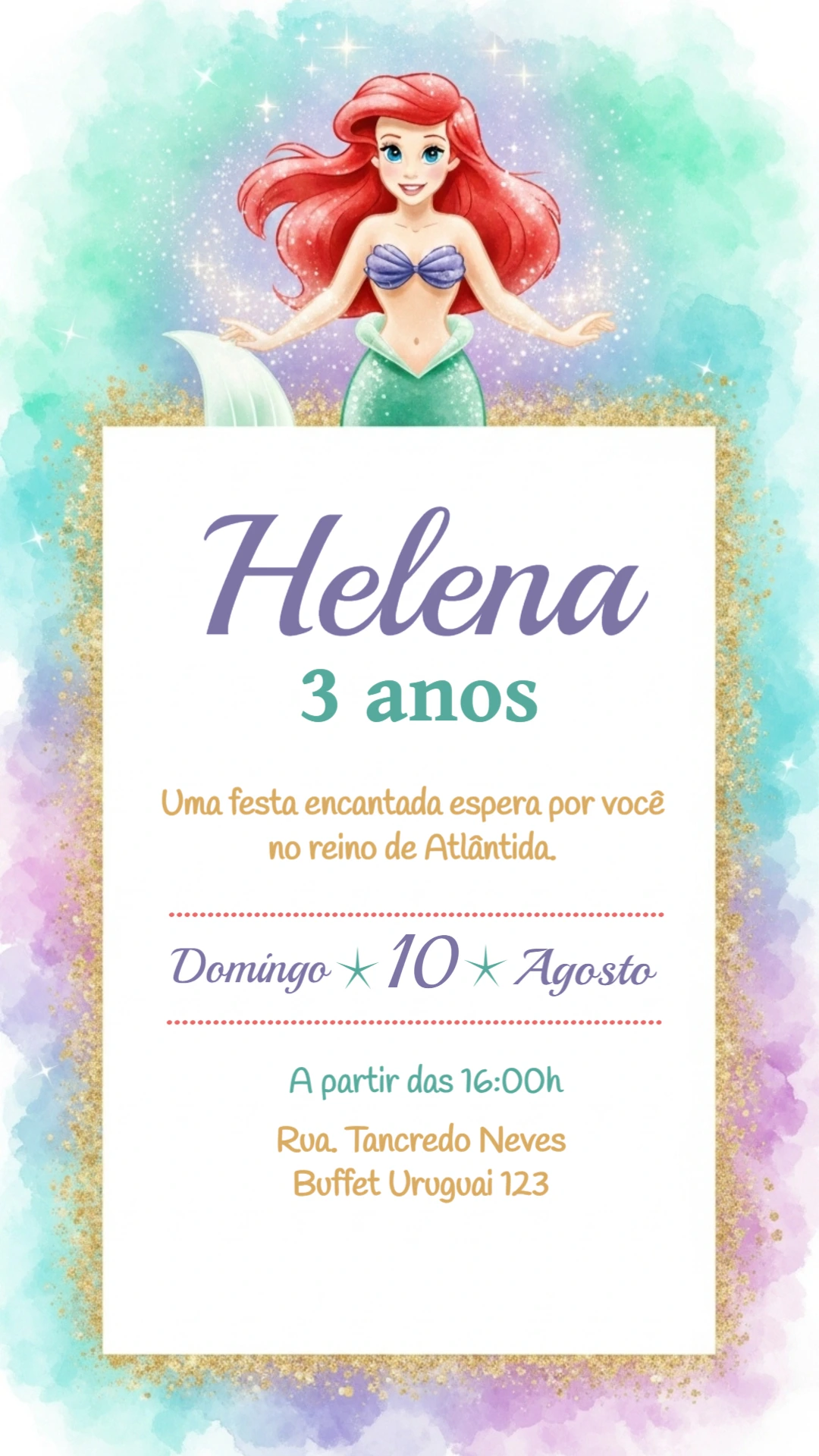 Convite Digital Pequena Sereia Ariel com Fundo Aquarela Editável