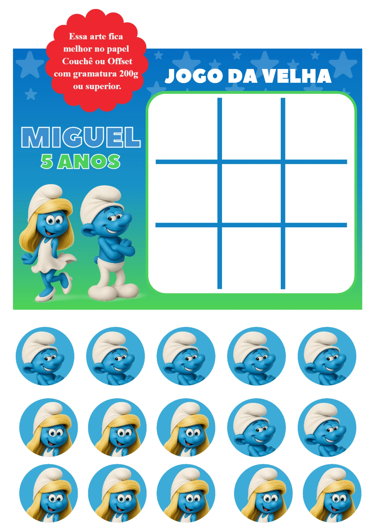Jogo da Velha Smurfs para Aniversário Editável Online