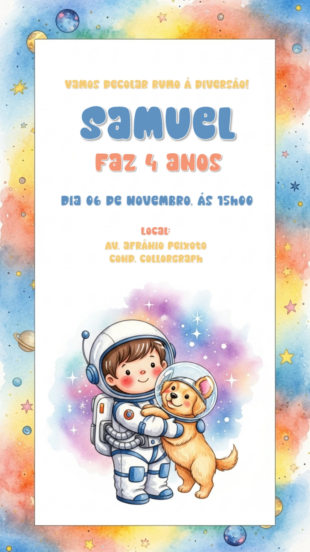 Convite de Aniversário Astronauta com Pet para Editar Online