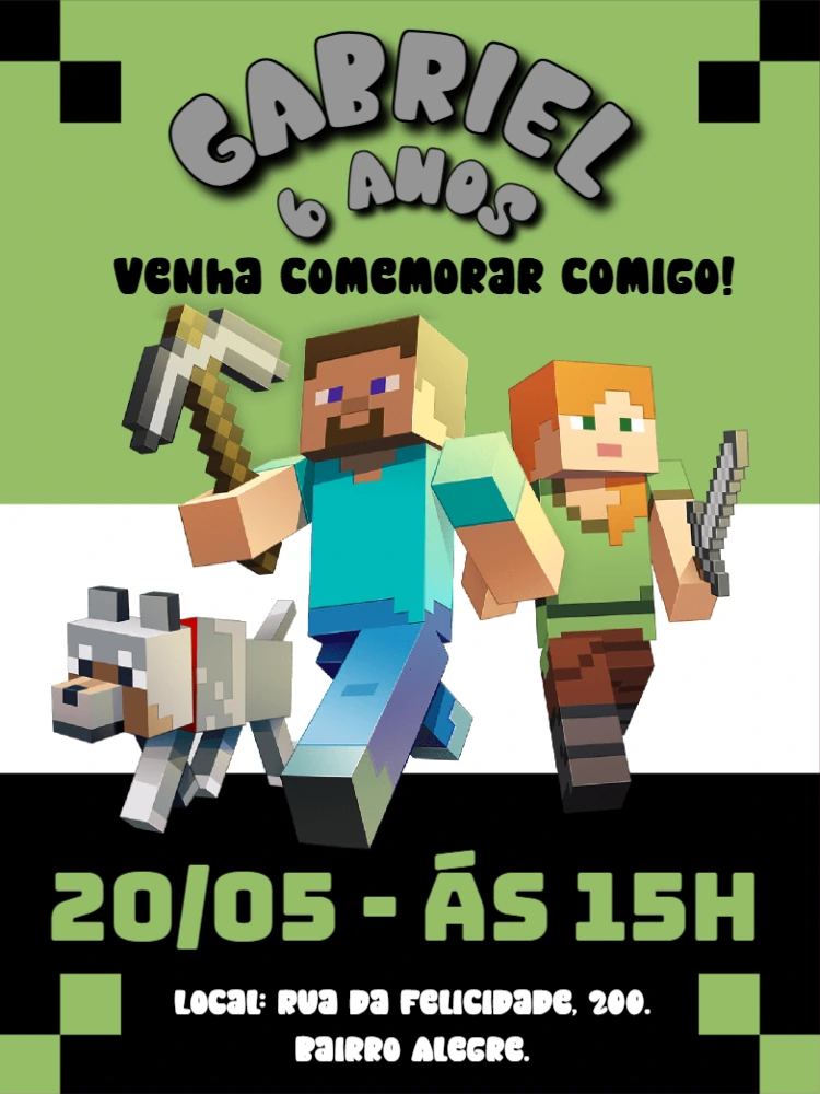 Convite de Aniversário Minecraft com Personagens para Editar Online