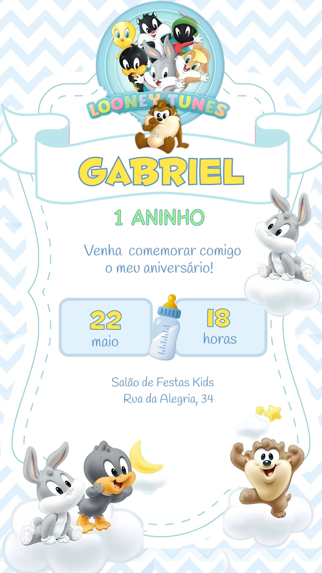 Convite Aniversário Baby Looney Tunes para Editar Online