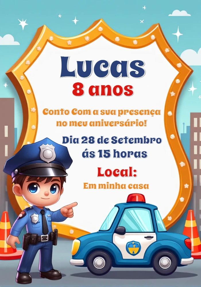Convite Aniversário Tema Policial para Editar Online