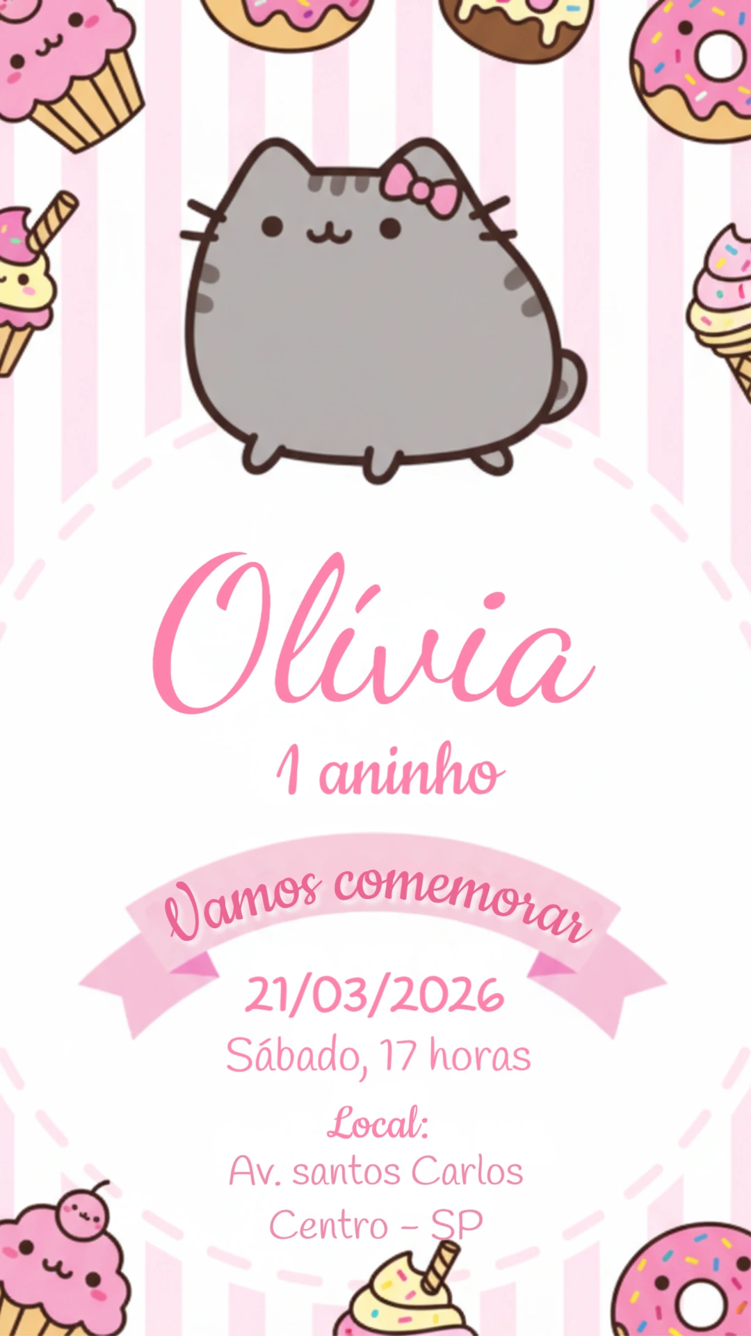 Convite Aniversário Infantil Pusheen Rosa e Doces Editável