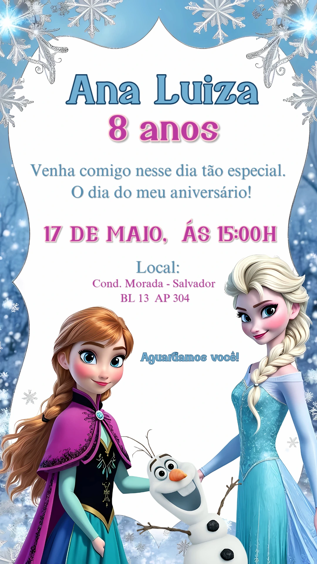 Convite Aniversário Frozen com Personagens para Editar Online