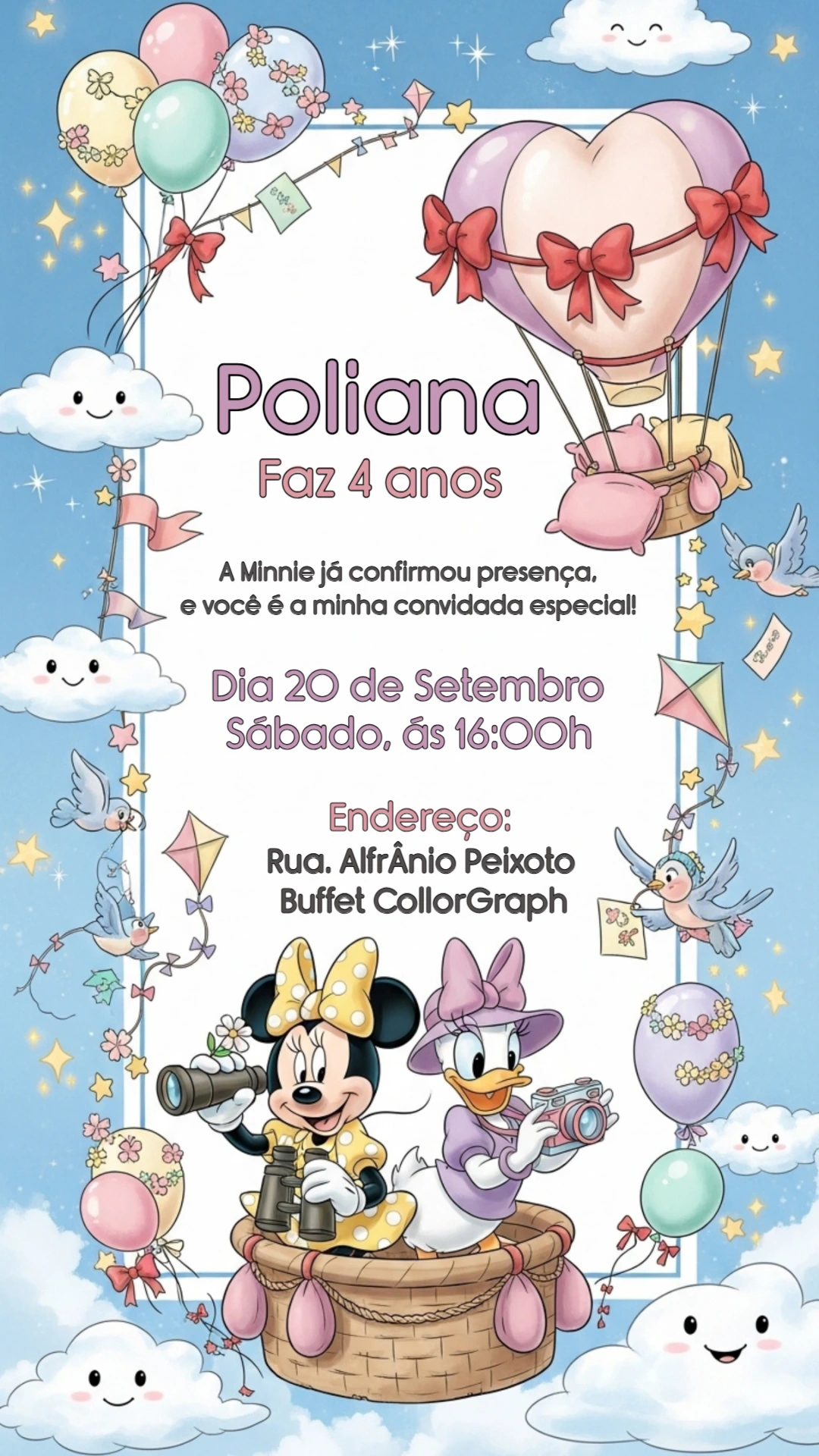 Convite Aniversário Minnie e Margarida no Balão para Editar