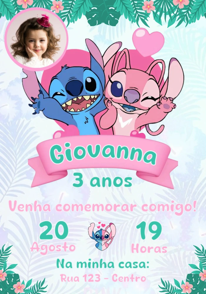 Convite Aniversário Stitch e Angel com Foto para Editar