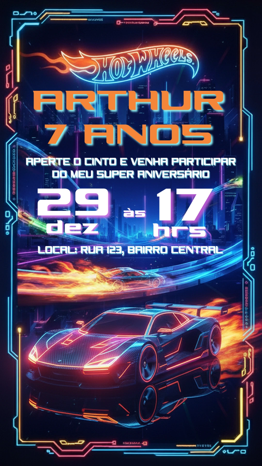 Convite de Aniversário Hot Wheels Neon para Editar Online
