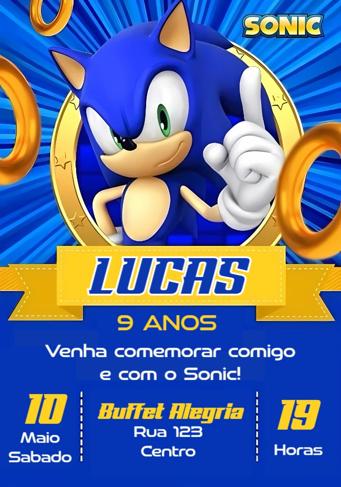 Convite de Aniversário do Sonic para Editar Online