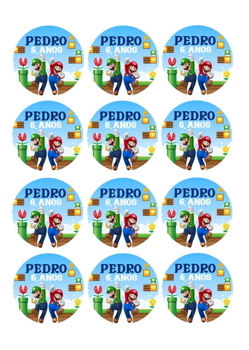 Adesivo Redondo Aniversário Mario e Luigi para Editar