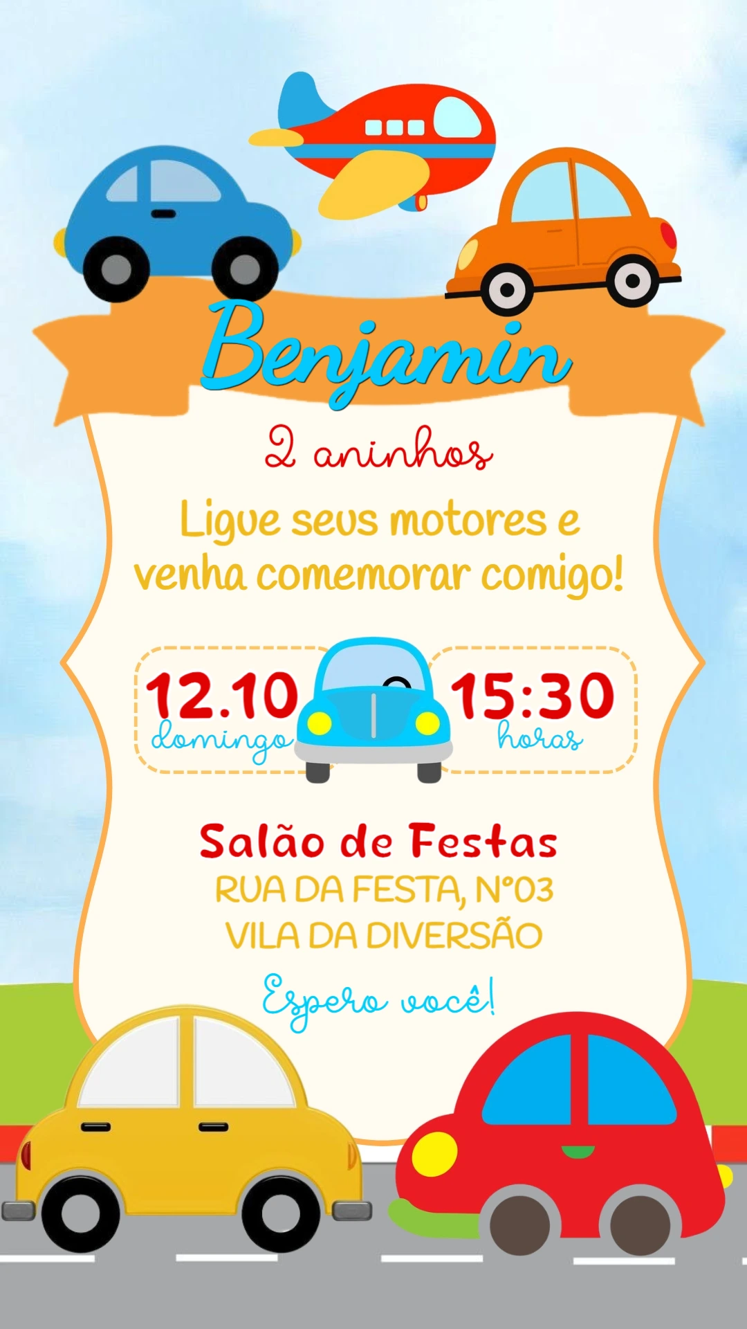 Convite de Aniversário Infantil Carros Coloridos para Editar