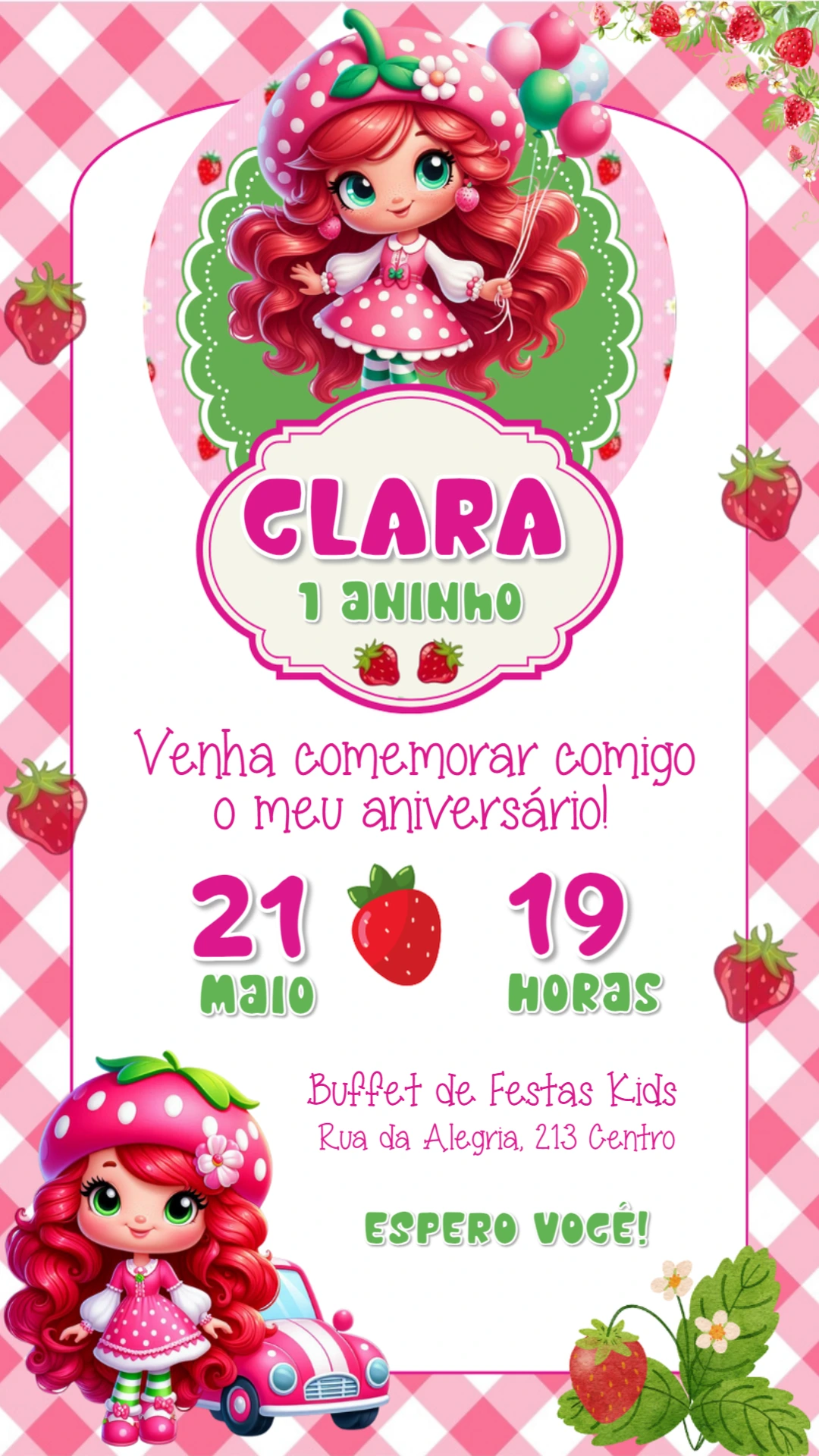 Convite Animado Aniversário Moranguinho para Editar Online