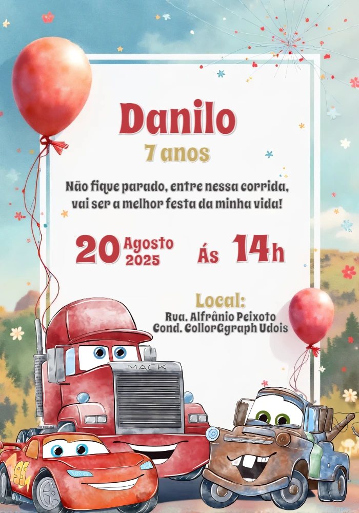 Convite de Aniversário Carros: Relâmpago McQueen para Editar