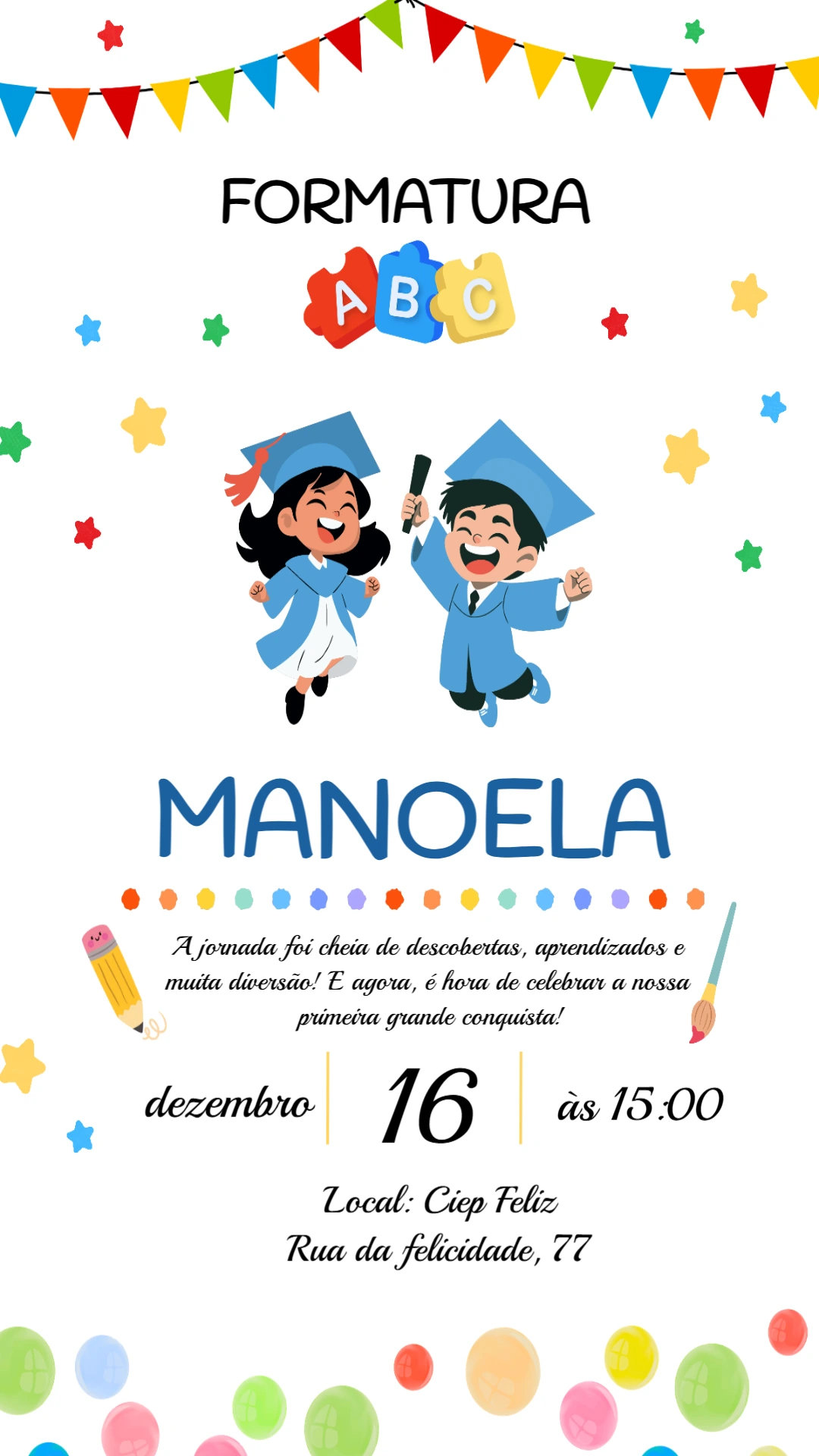 Convite de Formatura Infantil ABC Colorido para Editar