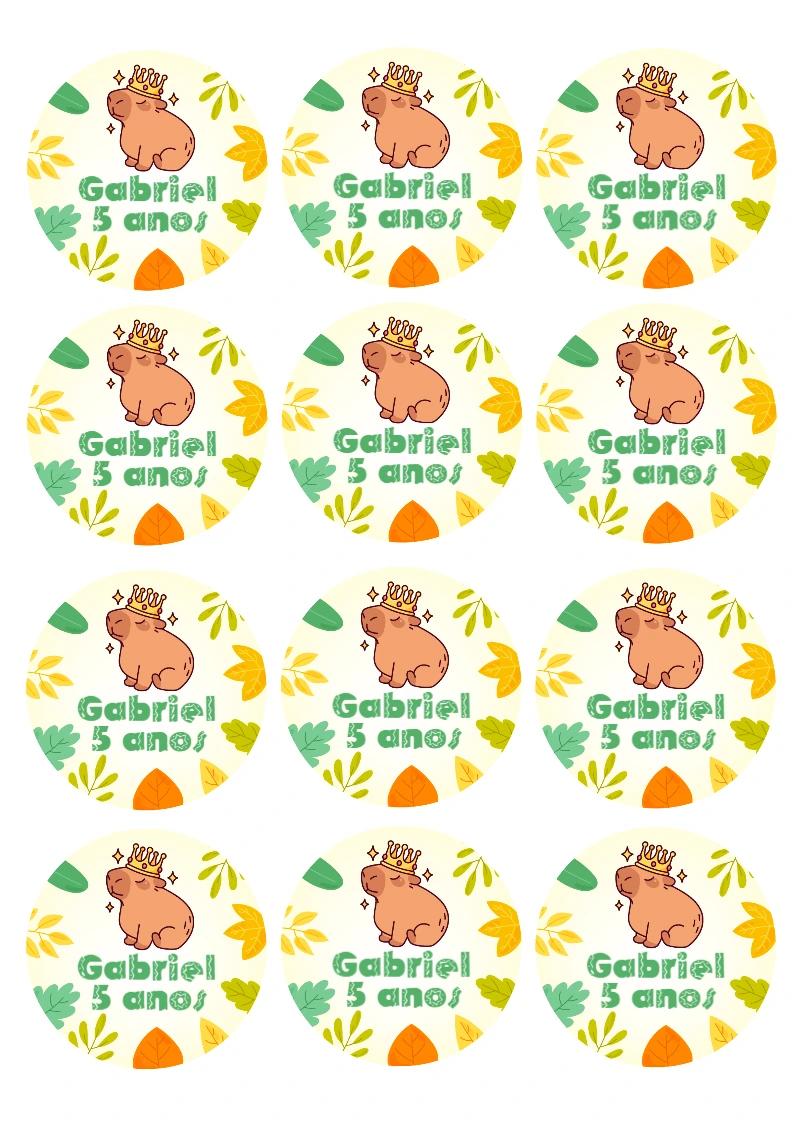 Adesivo Redondo Aniversário Capivara para Editar e Imprimir