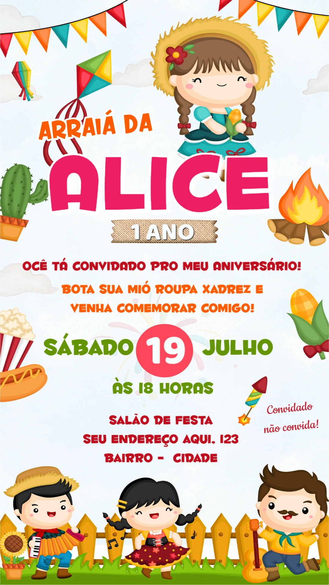 Convite Aniversário Festa Junina com Personagens para Editar