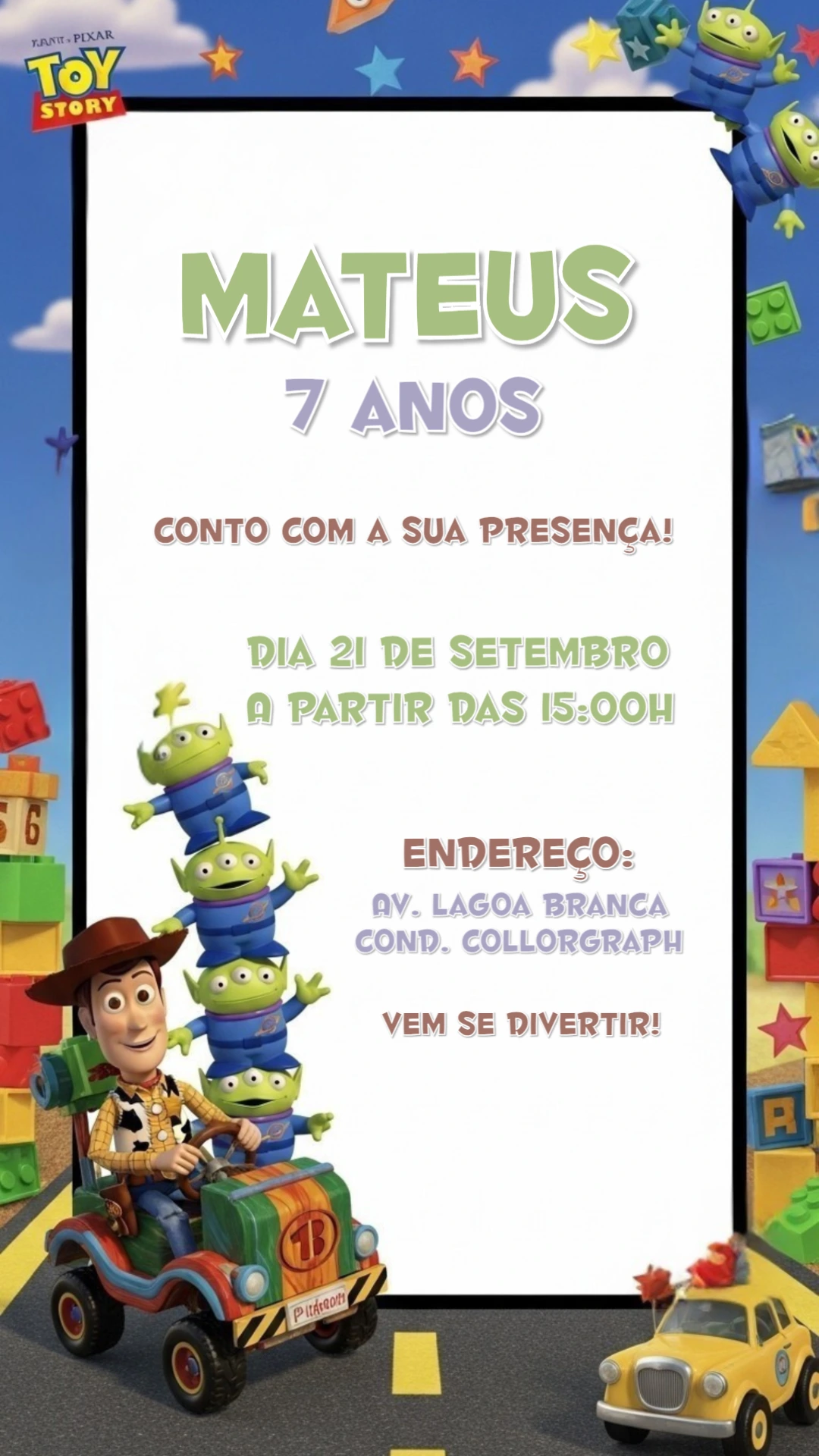 Convite de Aniversário Toy Story com Personagens para Editar