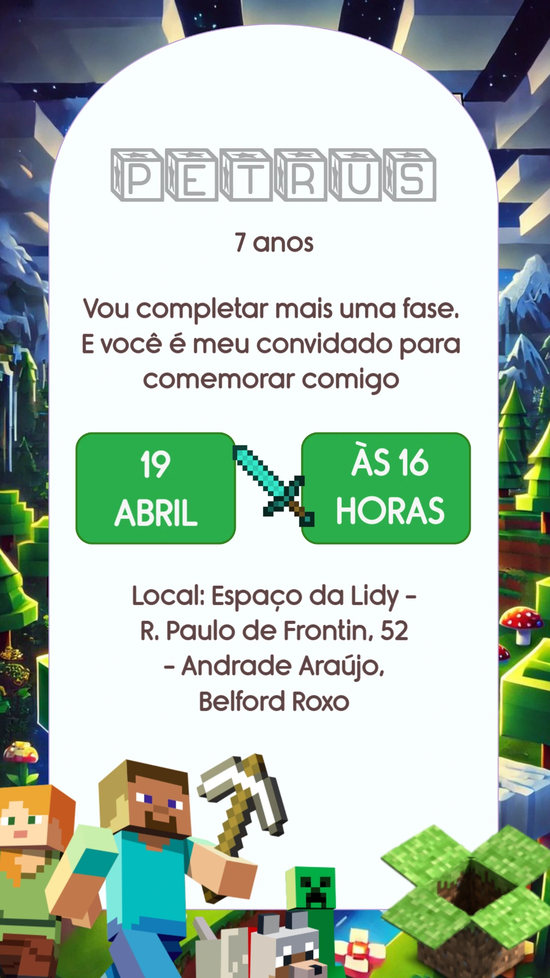 Convite de Aniversário Infantil Minecraft para Editar e Enviar