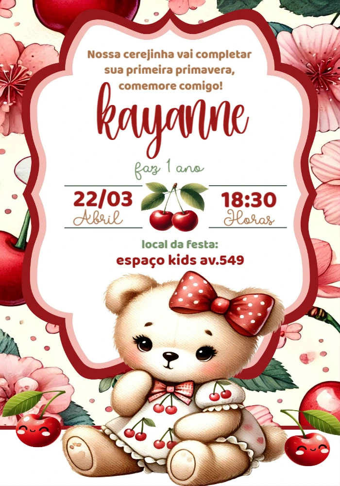 Convite Aniversário Ursinha Cereja para Editar Online