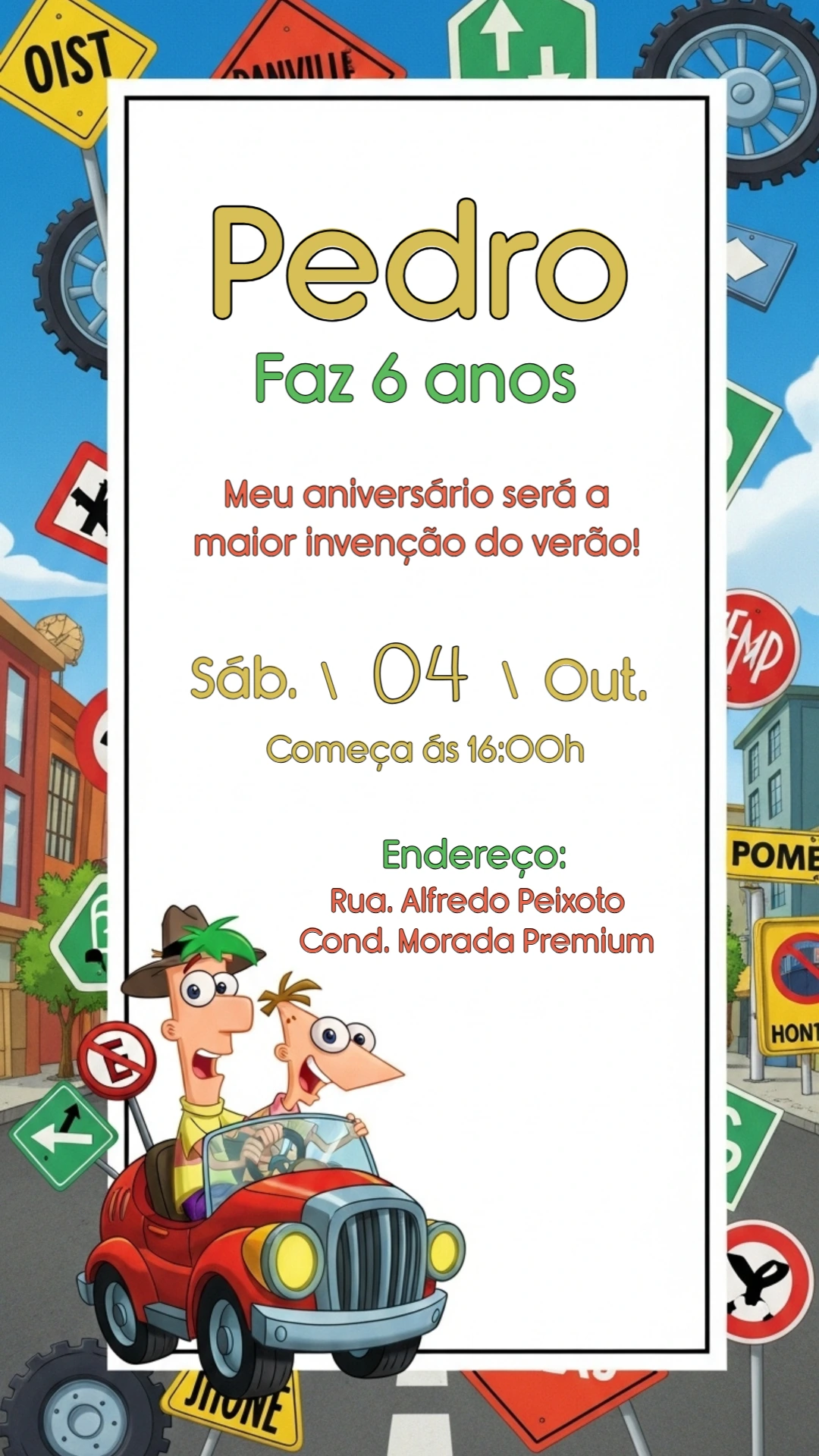 Convite Aniversário Phineas e Ferb para Editar Online