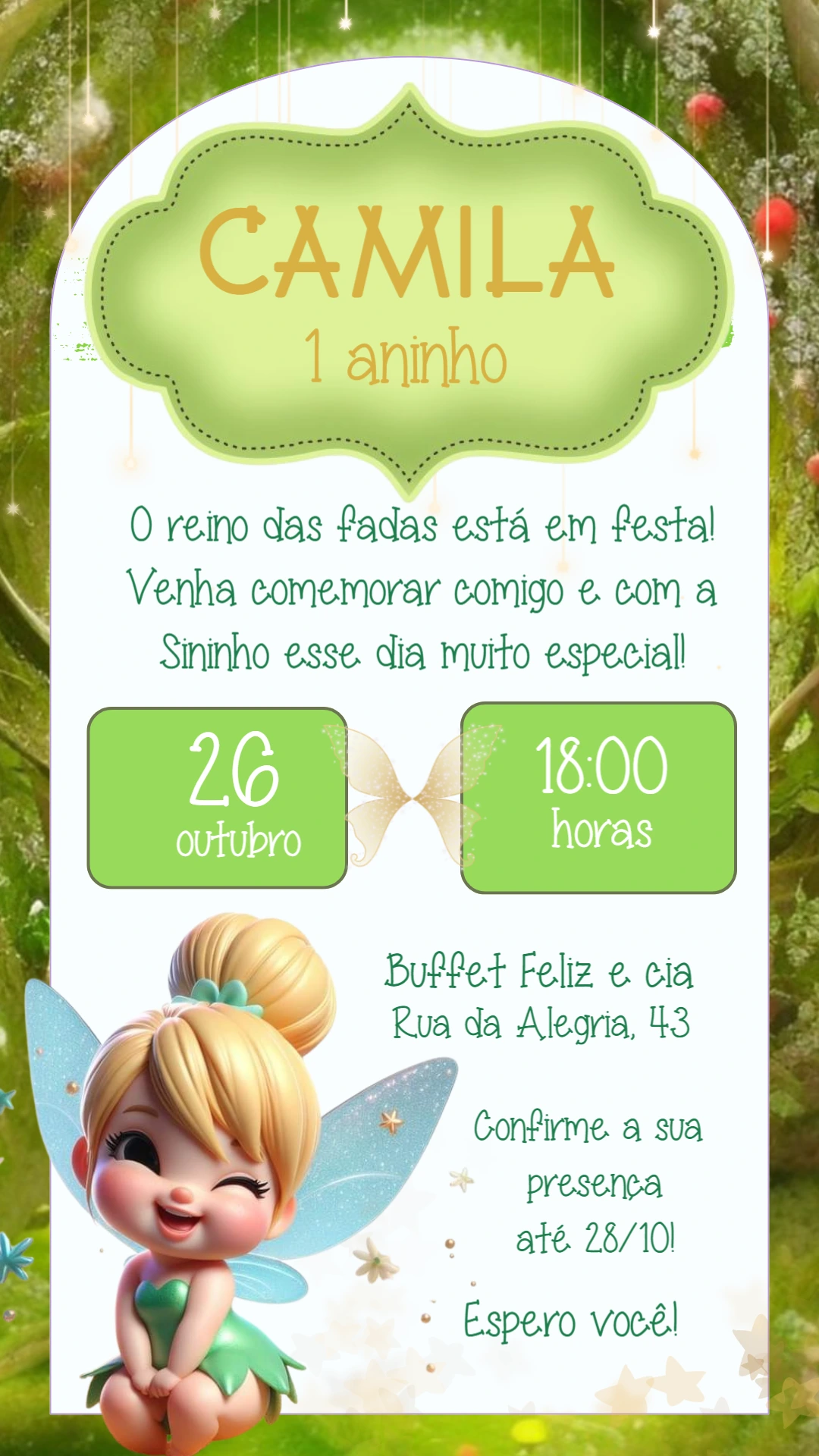 Convite Aniversário Fada Sininho Editável Online