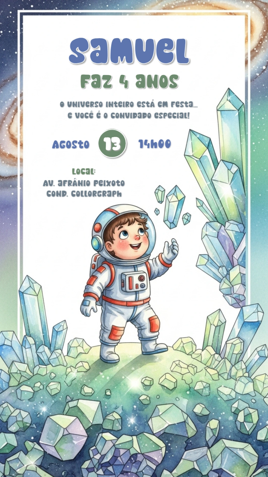 Convite de Aniversário Astronauta com Cristais para Editar