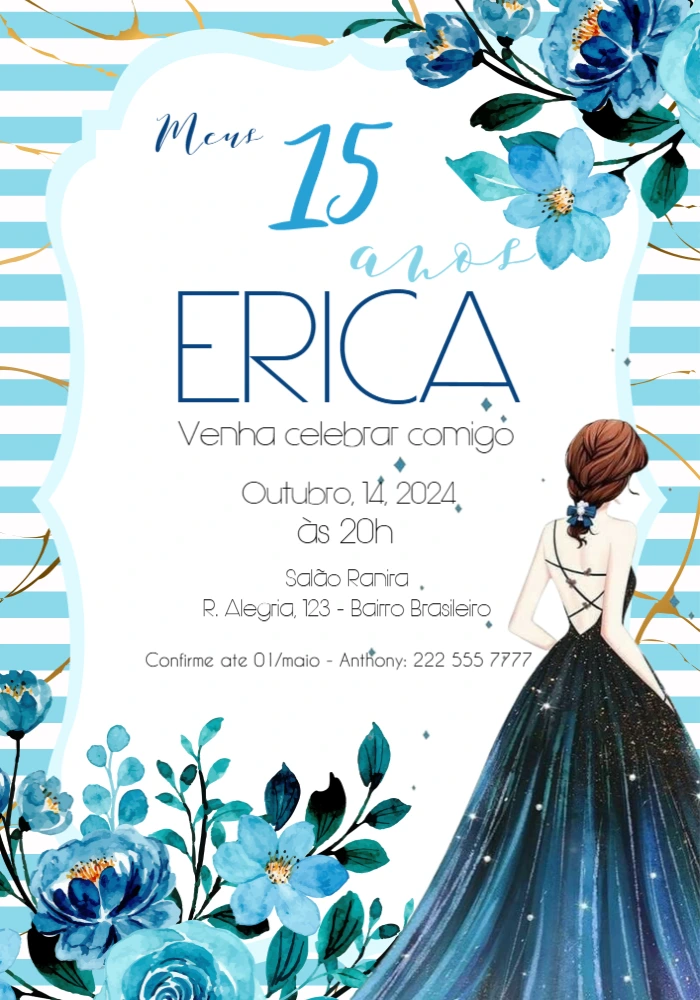 Convite de 15 anos Azul e Dourado com Flores para Editar