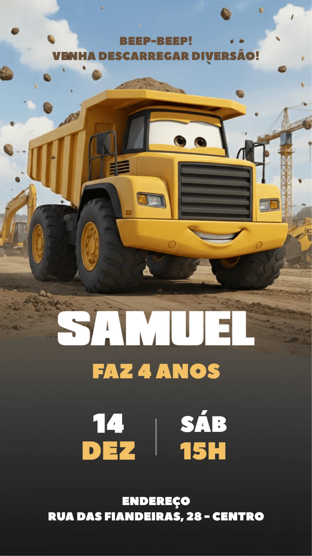 Convite Aniversário Construção com Caminhão para Editar Online