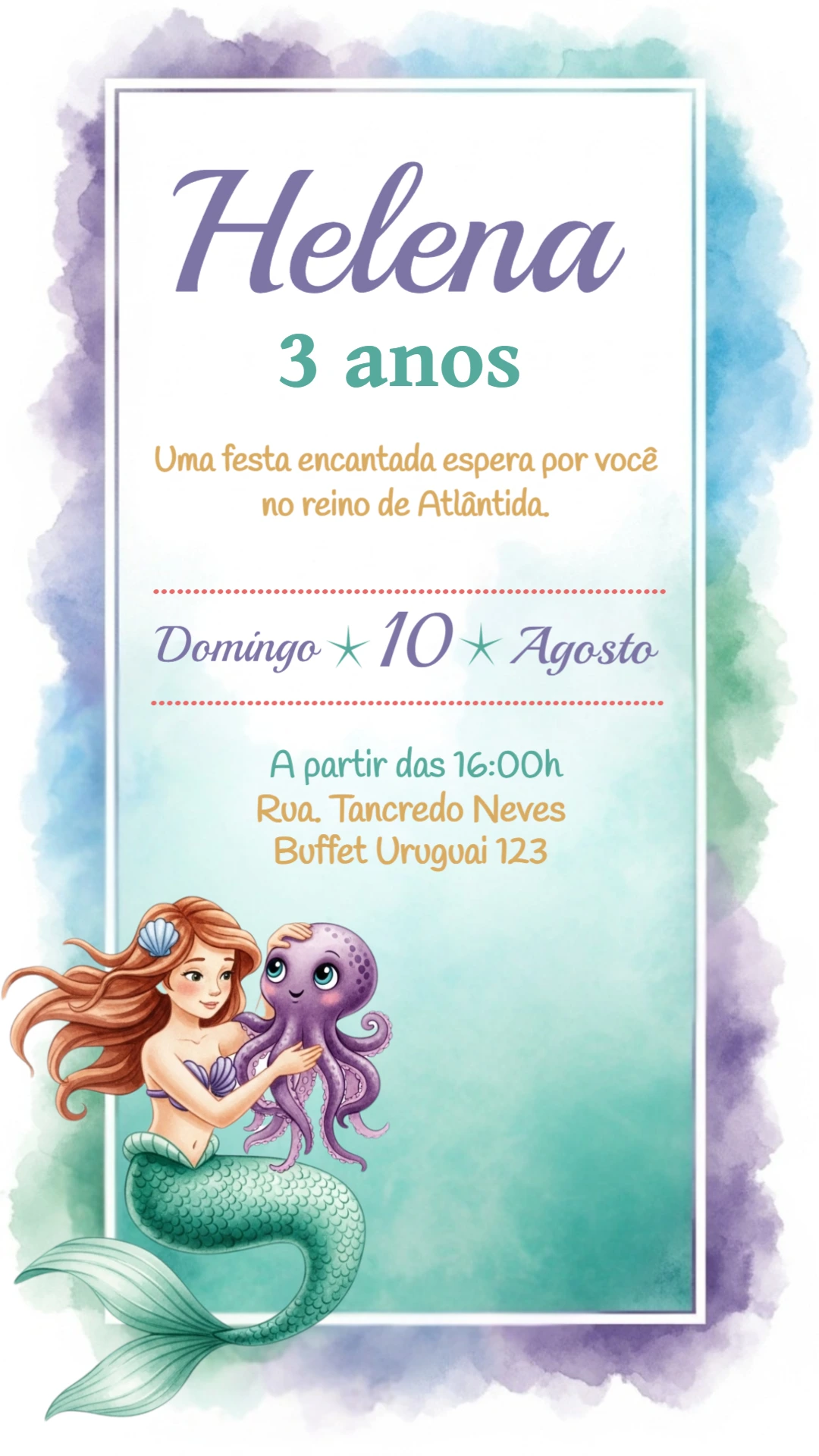 Convite Aniversário Pequena Sereia Aquarela para Editar