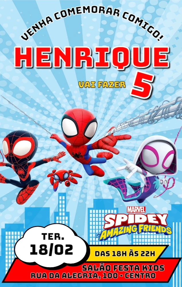 Convite Aniversário Spidey e Seus Amigos para Editar Online