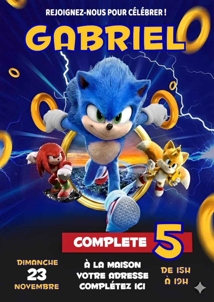 Invitation d'anniversaire Sonic à éditer en ligne