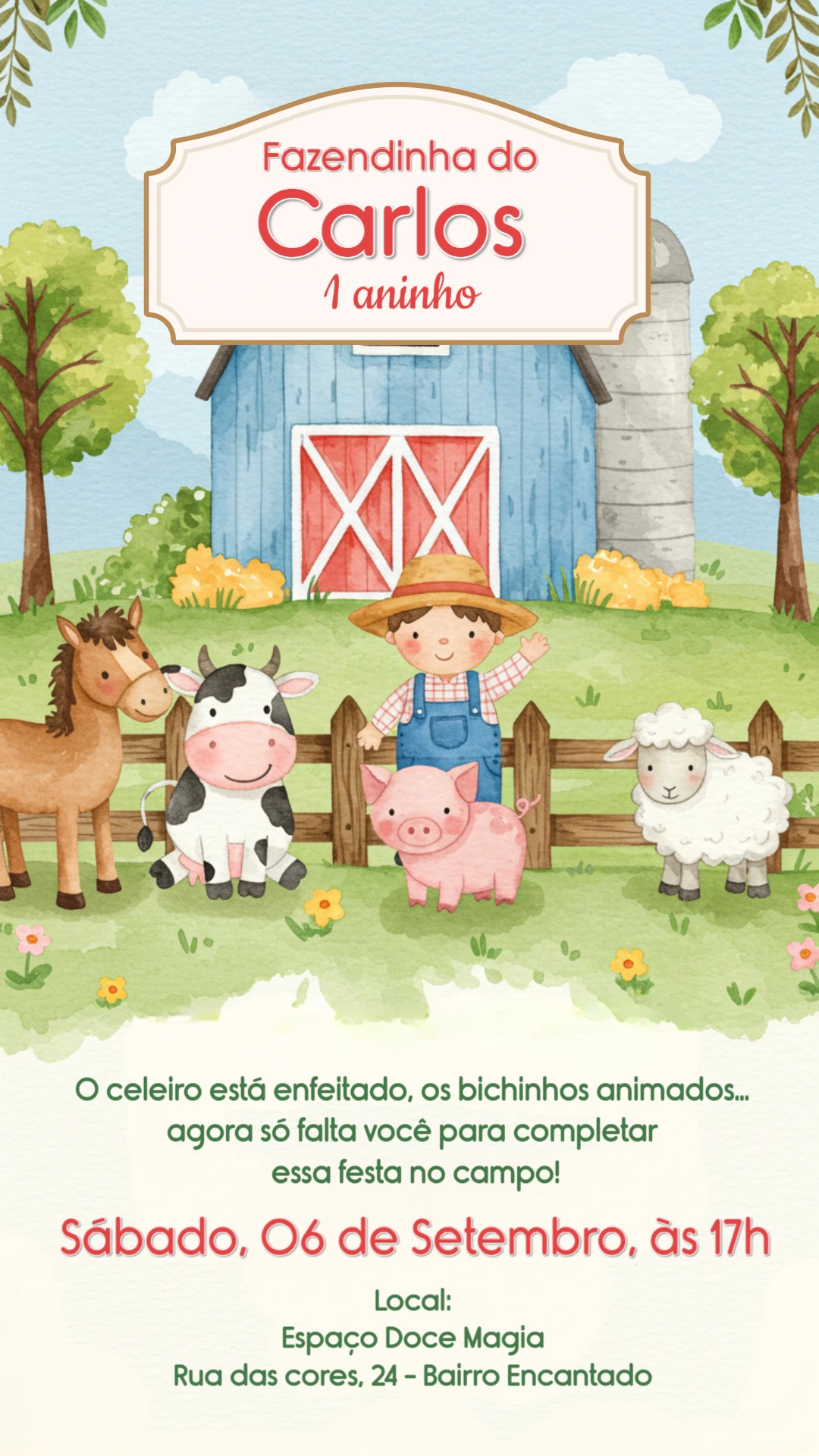 Convite de Aniversário Fazendinha com Animais para Editar Online