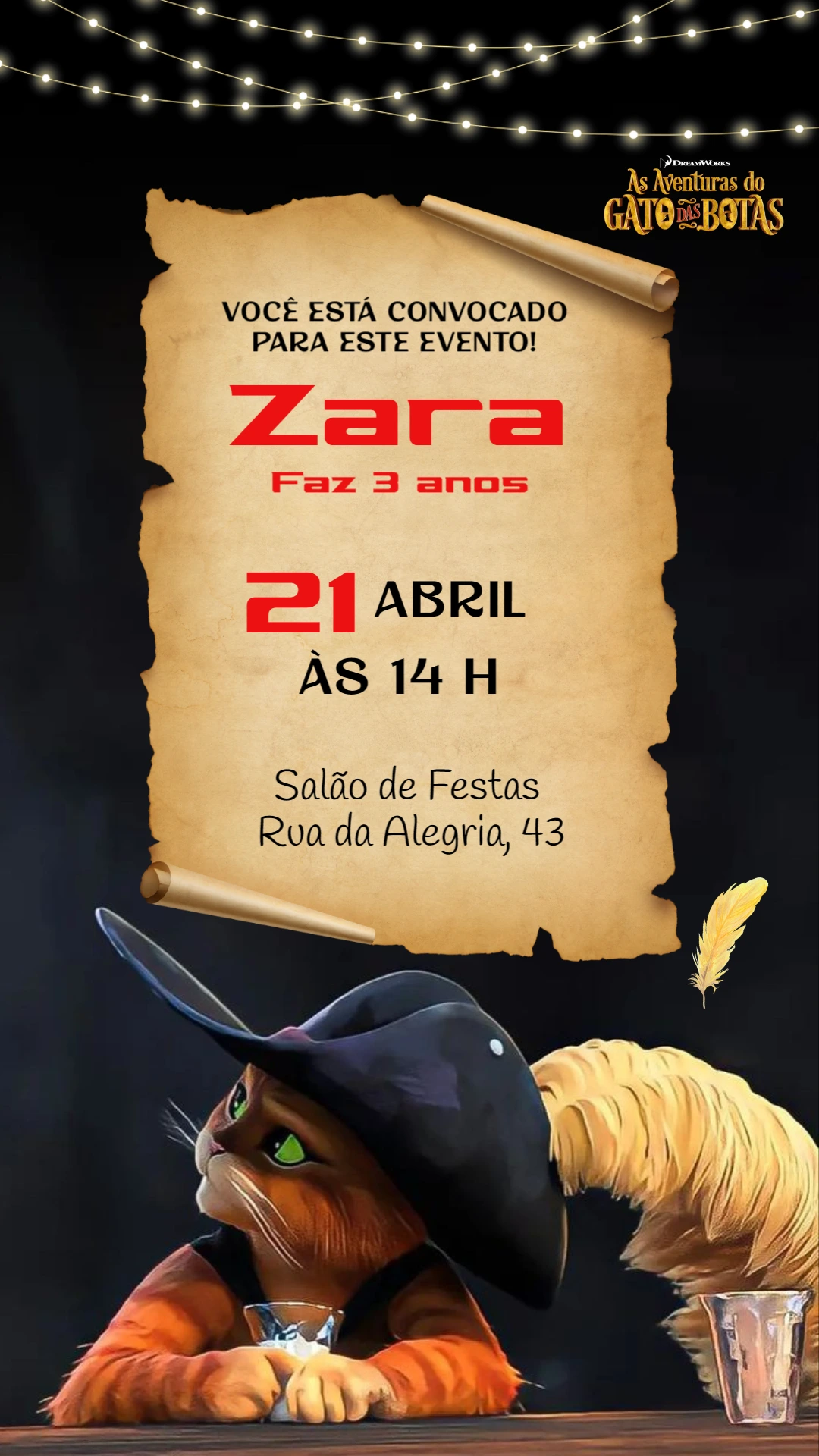 Convite Aniversário Gato de Botas para Editar Online e Imprimir