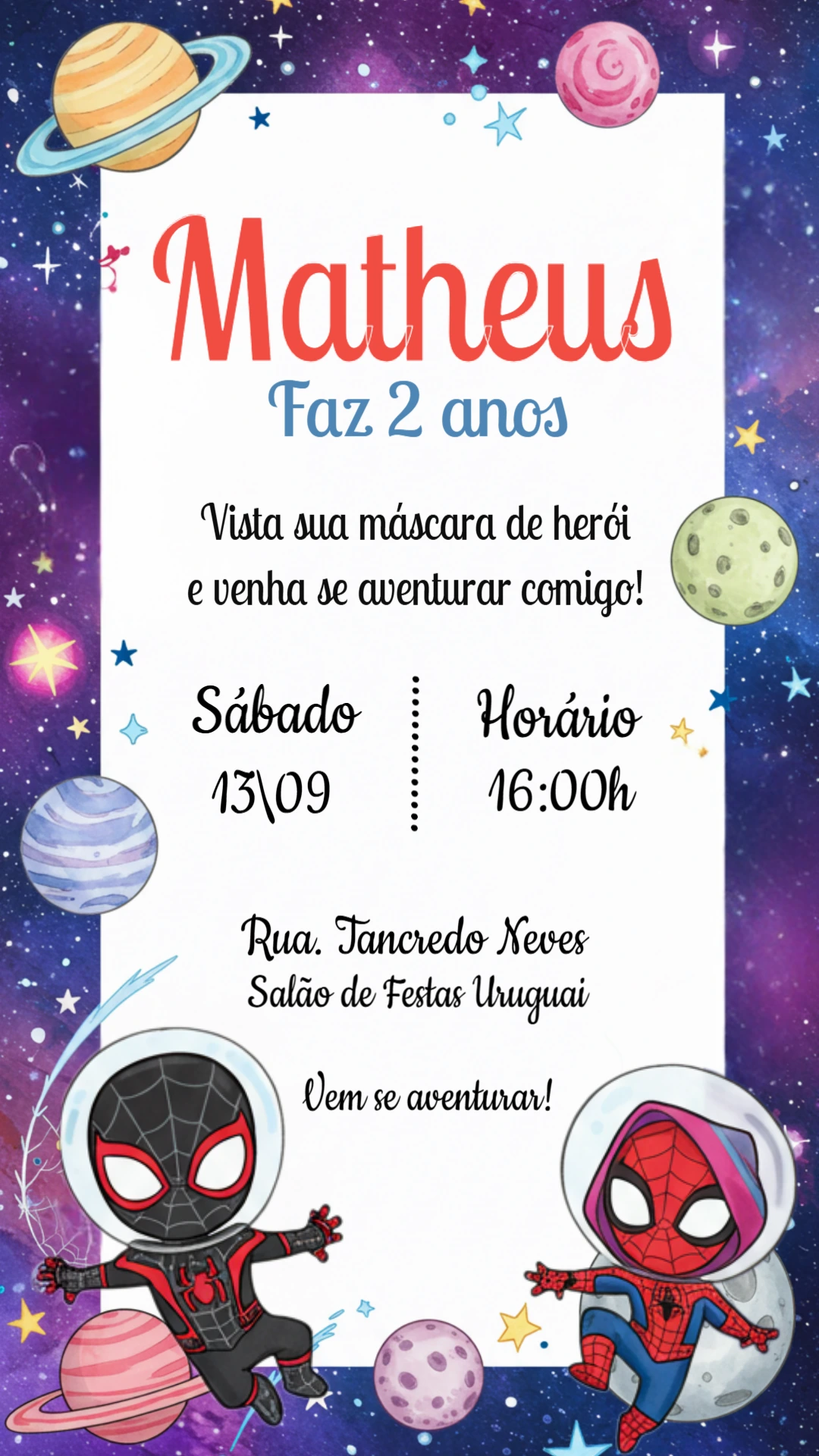 Convite Aniversário Homem-Aranha no Espaço para Editar Online