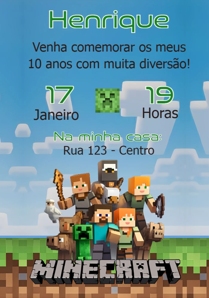 Convite Digital Minecraft: Modelo de Aniversário Editável