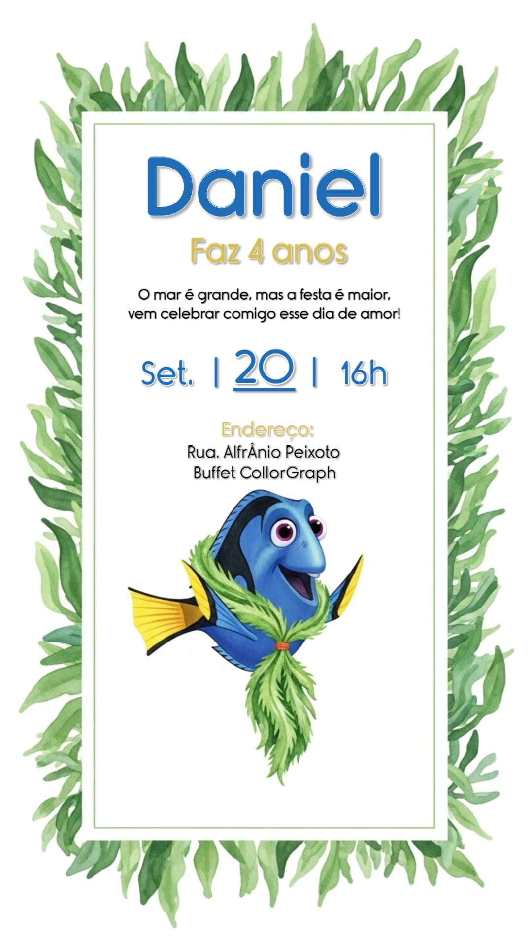 Convite de Aniversário Dory do Nemo para Editar Online