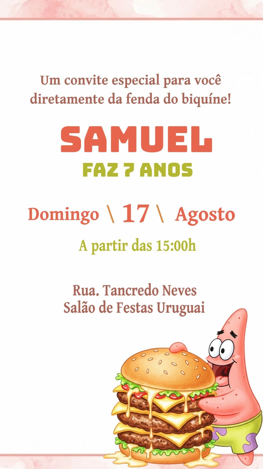 Convite Aniversário Bob Esponja e Patrick para Editar Online