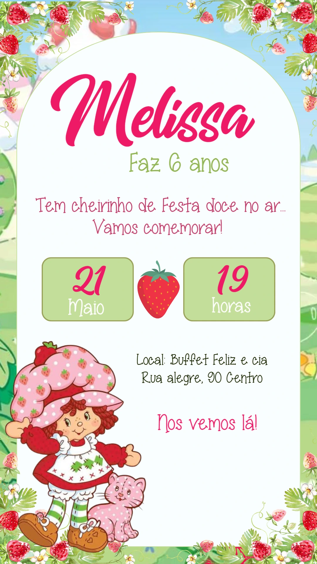 Convite de Aniversário Moranguinho para Editar Online