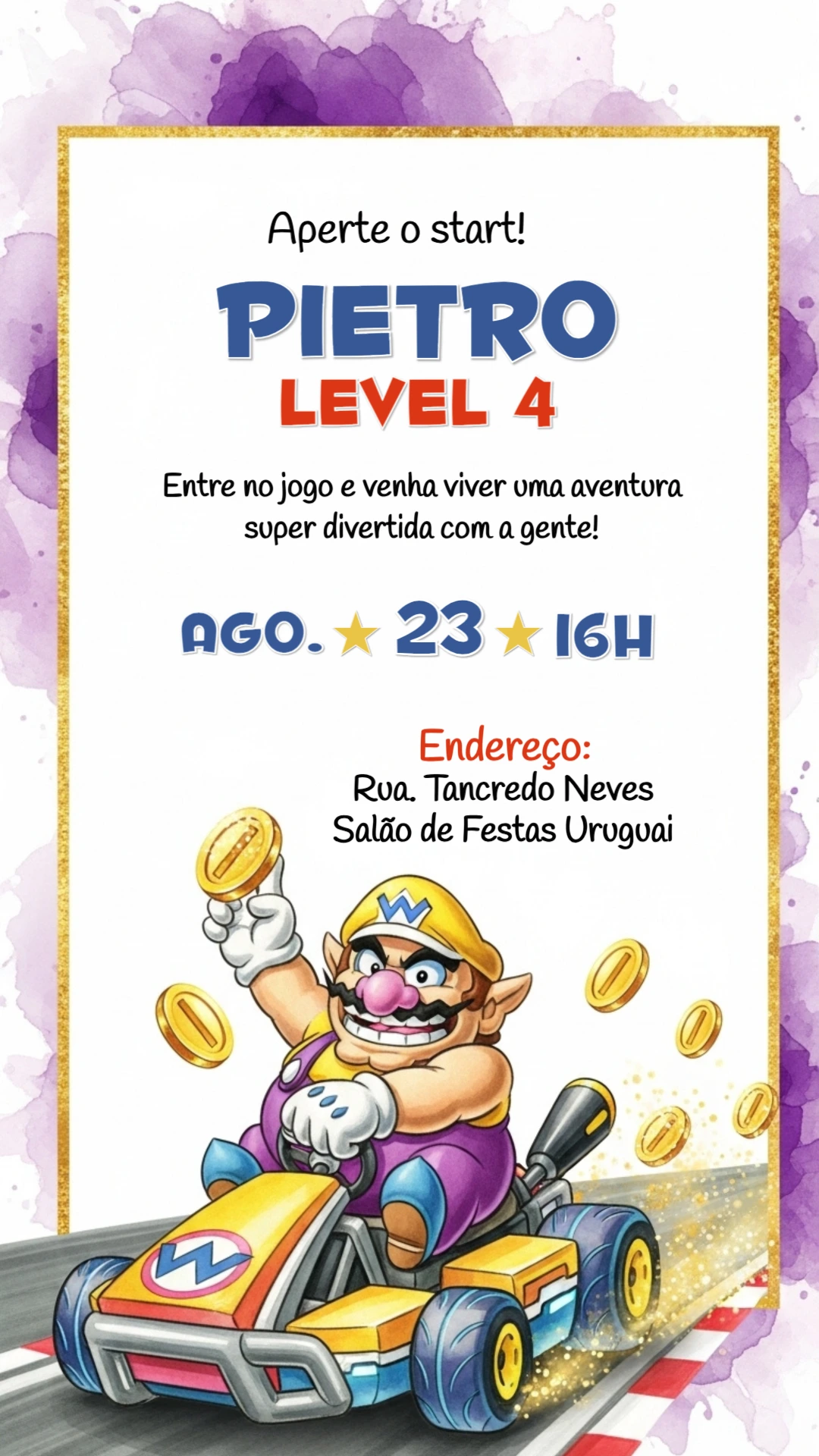 Convite Aniversário Wario Kart Editável Online para Enviar