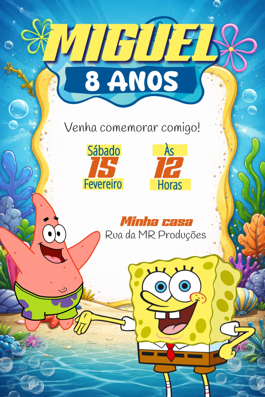 Convite de Aniversário Bob Esponja Fundo do Mar Editável