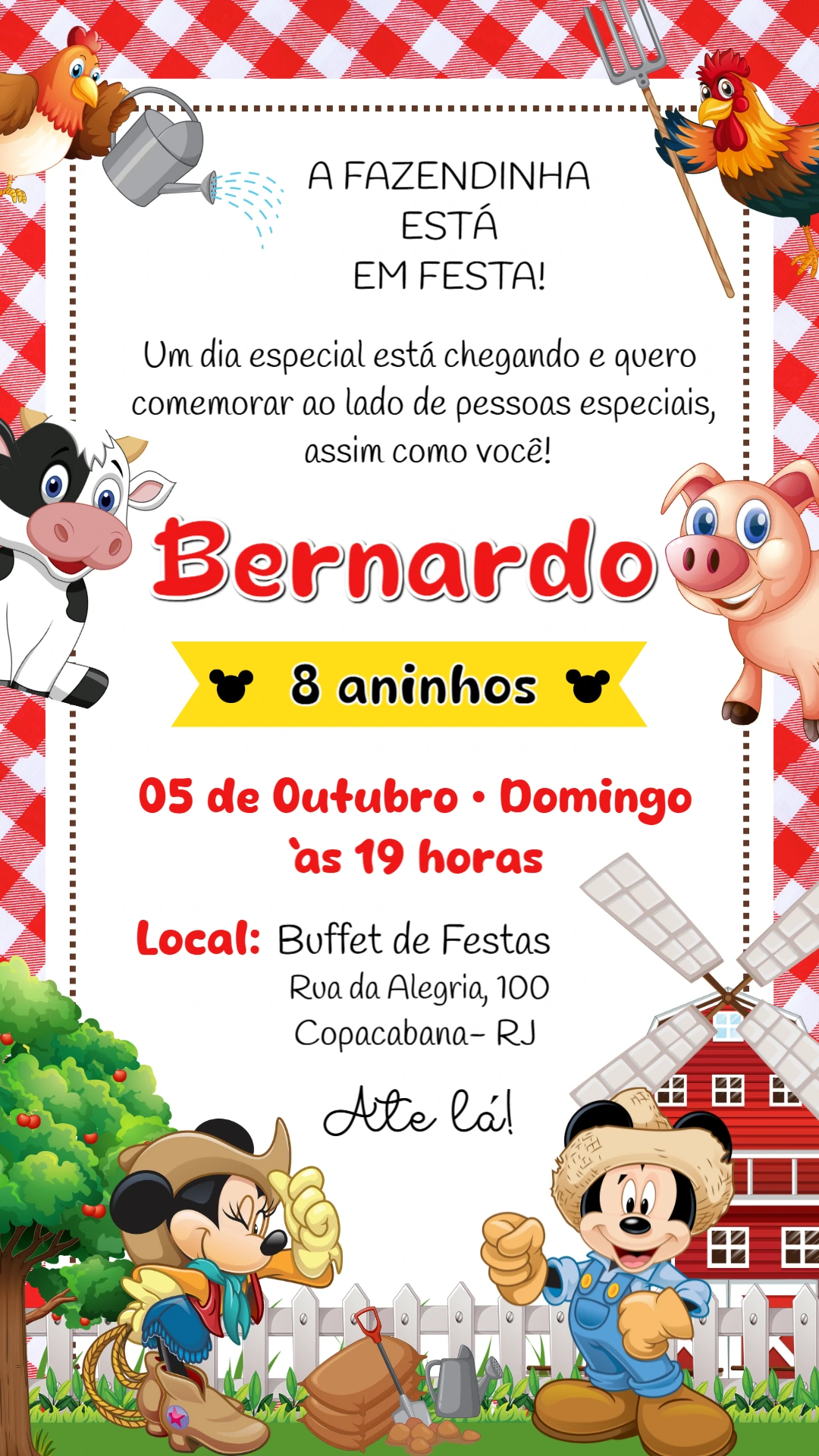 Convite Aniversário Fazendinha do Mickey para Editar Online