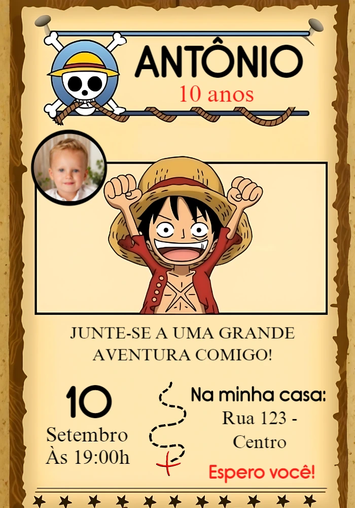 Convite de Aniversário One Piece com Foto para Editar Online