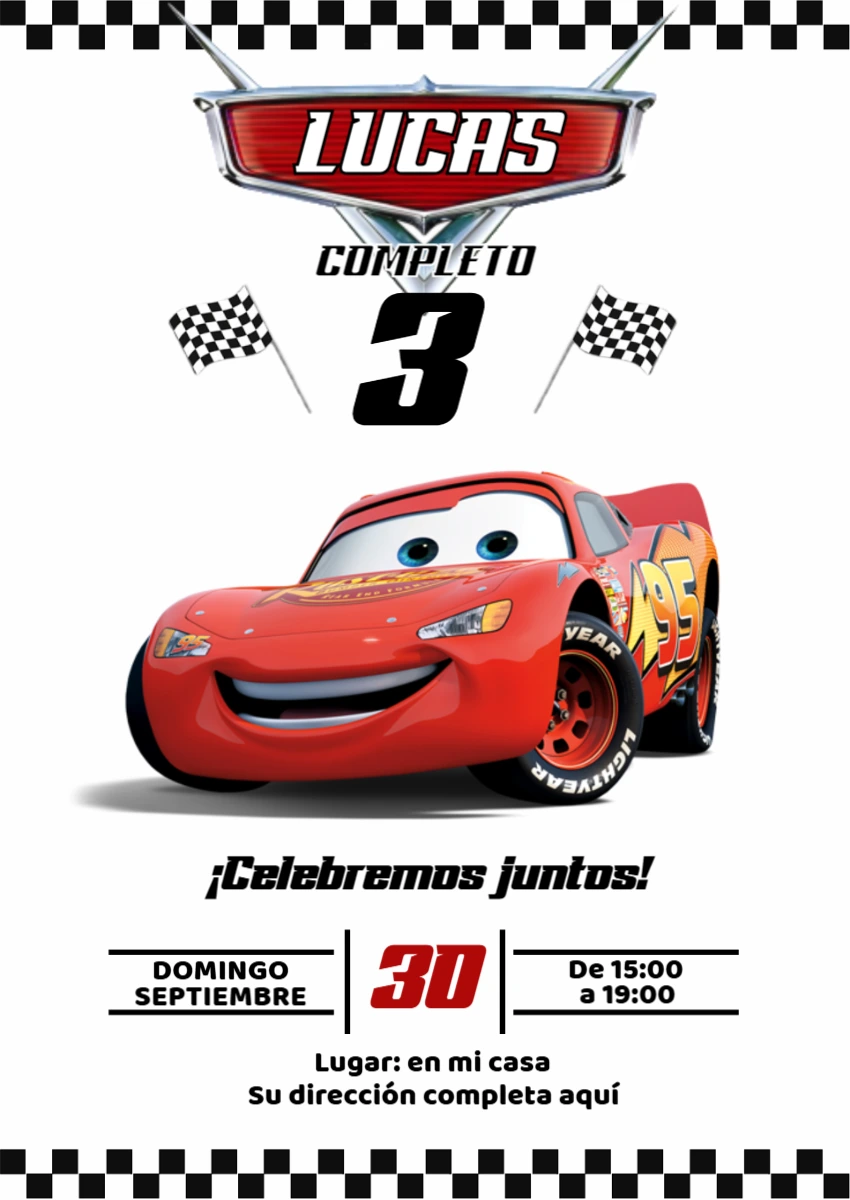 Invitación de Cumpleaños de Cars con Rayo McQueen para editar